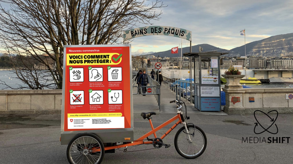 vélo électrique publicitaire Mediashift environnement covid-19 genève