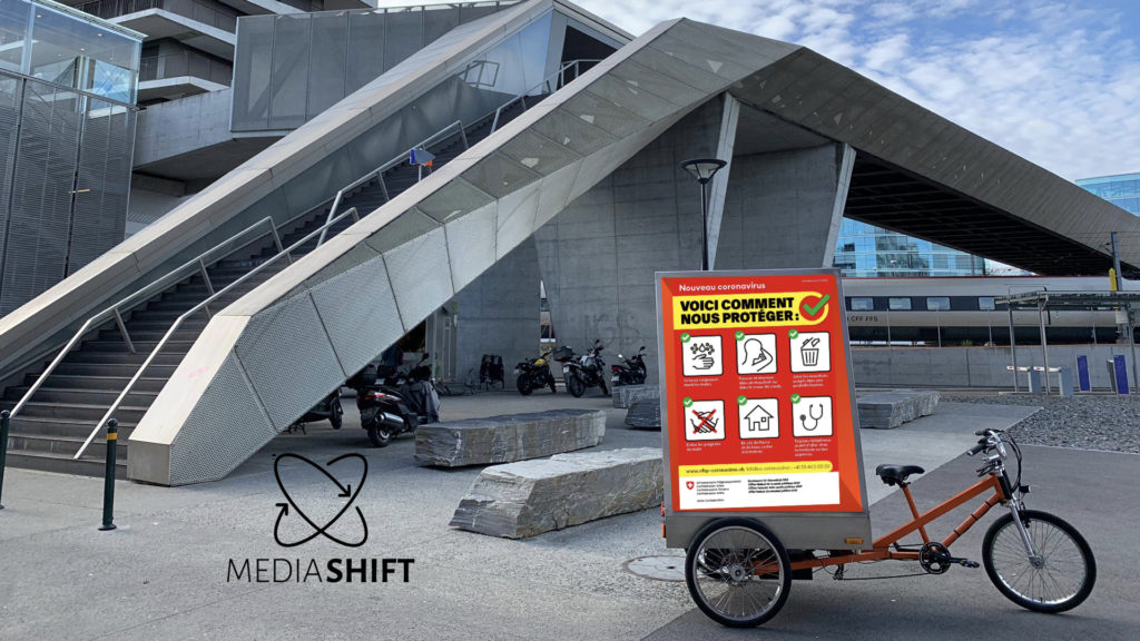 vélo électrique publicitaire Mediashift environnement covid-19 genève