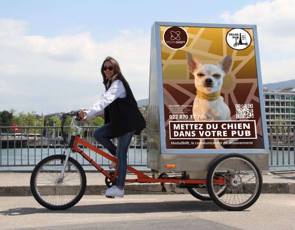 Vélo publicitaire MediaShift - Livraison à Genève